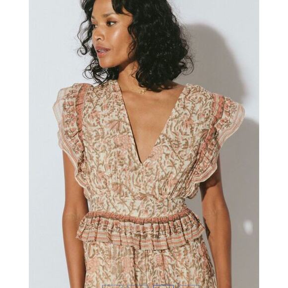 Cleobella Cherie Ankle Pink Brown Tiered Midi Dainty Ruffle dress zinnia Large - Picture 5 of 6